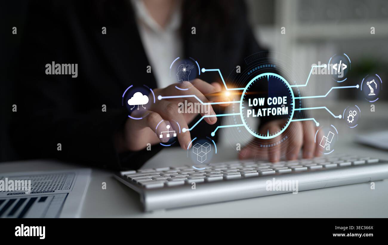 Business Professional Engaging with Low Code Platform Technology for Software Development Innovation and Digital Transformation Solutions Quark. Stock Photo