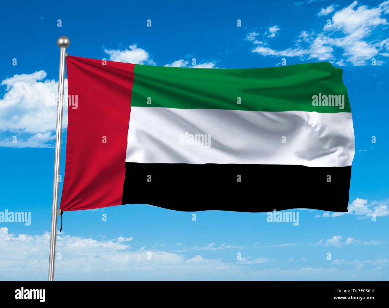 The national flag of the United Arab Emirates waving against a clear blue sky. Stock Photo