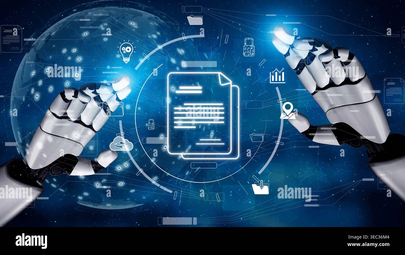 AI organizing document system, streamlining file access, automating document flow, and managing secure digital content through intelligent file Stock Photo