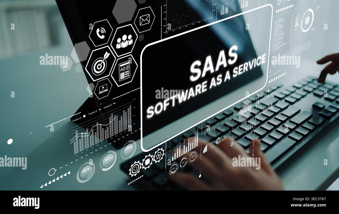 Modern Technology Interface Displaying SAAS Concept with Keyboard and Futuristic Graphical Elements. Asymptotic smart data analytic. Stock Photo