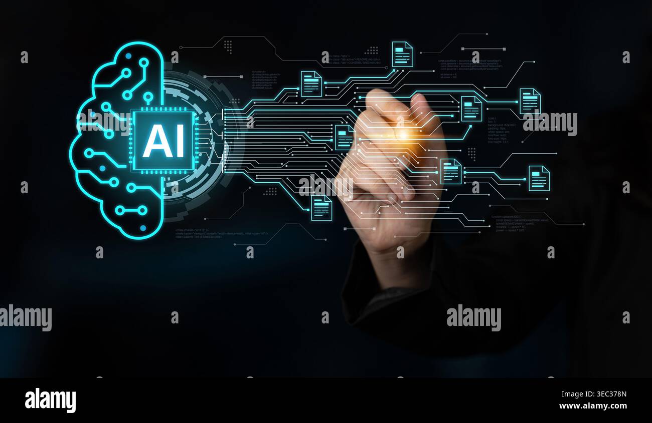 Artificial intelligence using AI neural processing and circuit to transform AI data into actionable output by smart automated AI reasoning science Stock Photo