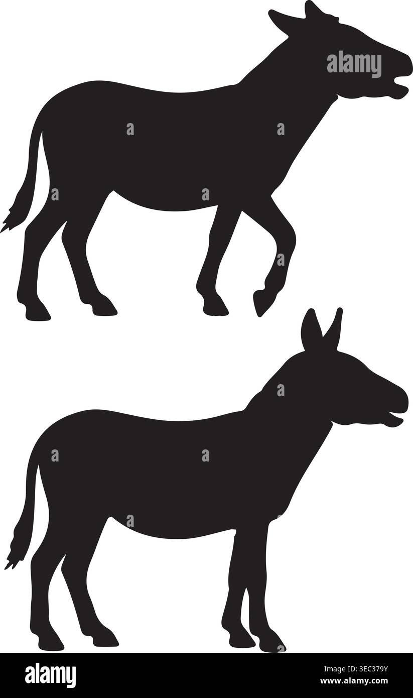 Donkey Silhouette Set with Walking and Standing Poses Stock Vector