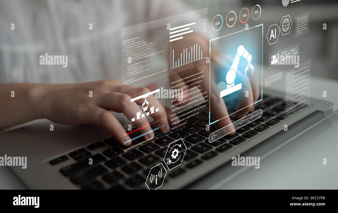 Robotic process automation enhances industrial efficiency through AI integration, intelligent control, and data-driven automation, improving workflow Stock Photo