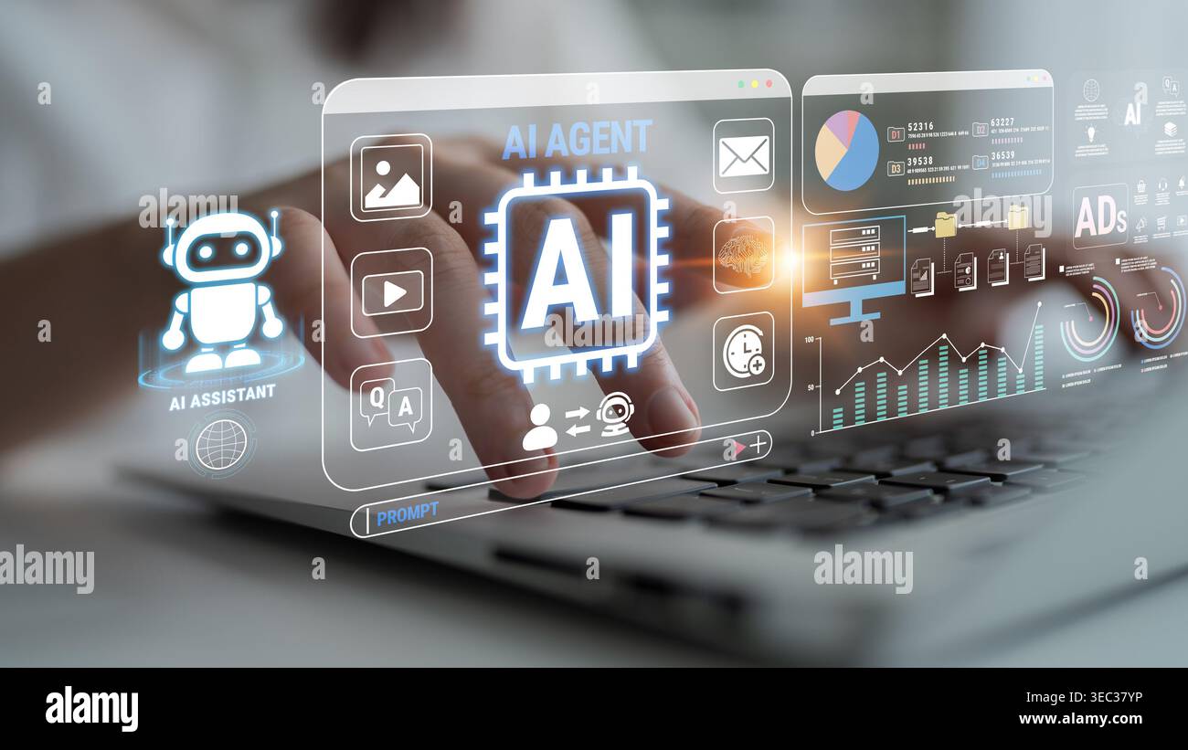 Innovative AI Technology Interface with Digital Visualizations and User Interaction on Laptop for Future-Driven Applications in Business and Data Stock Photo