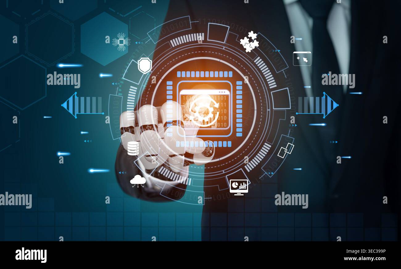 Businessman Interacting with Futuristic Digital Interface Displaying Data Processing Concepts and Technology Innovations for Future Development Quark. Stock Photo