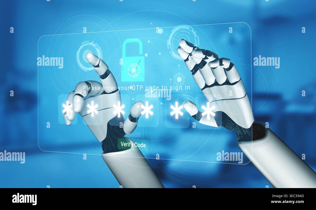 Futuristic Robot Hand Interacting with Digital Interface for OTP Code Verification in Virtual Space Sigmoid Stock Photo