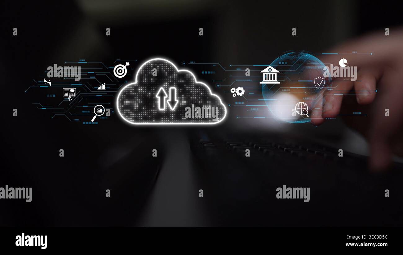 Cloud computing, cloud strategy, and cloud technology transforming digital infrastructure with scalable services, secure data storage, and cloud-based Stock Photo