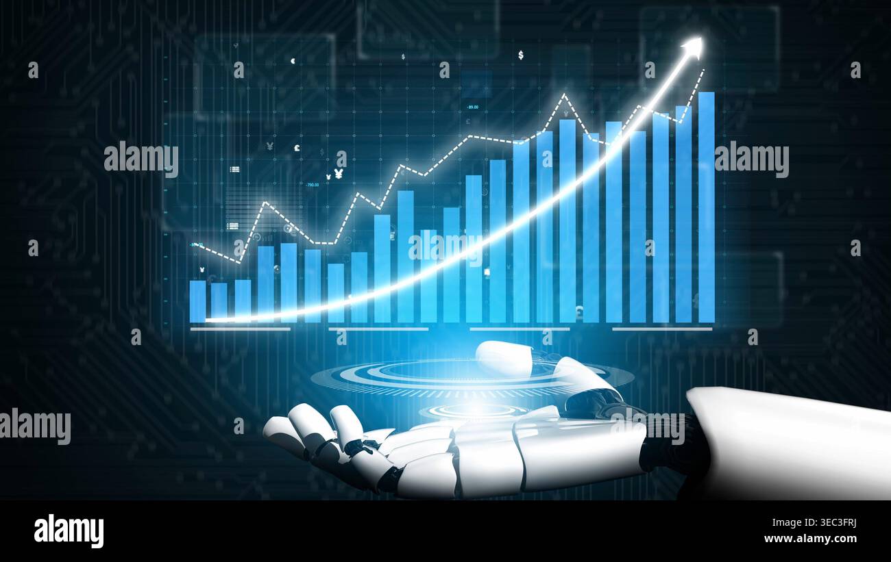 A futuristic robotic hand showcases a digital graph indicating growth and success. This image represents the intersection of technology and business Stock Photo