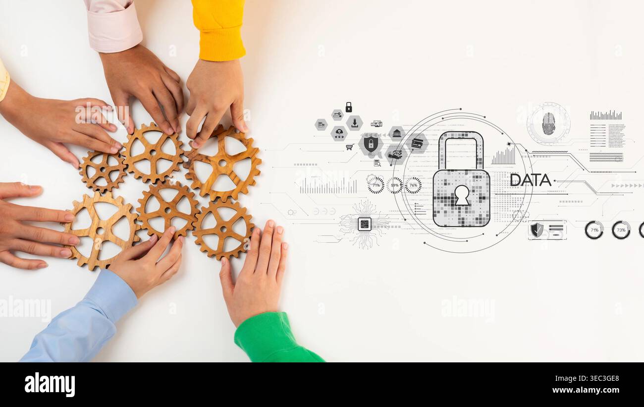 A diverse group of hands assemble gears representing teamwork and ...
