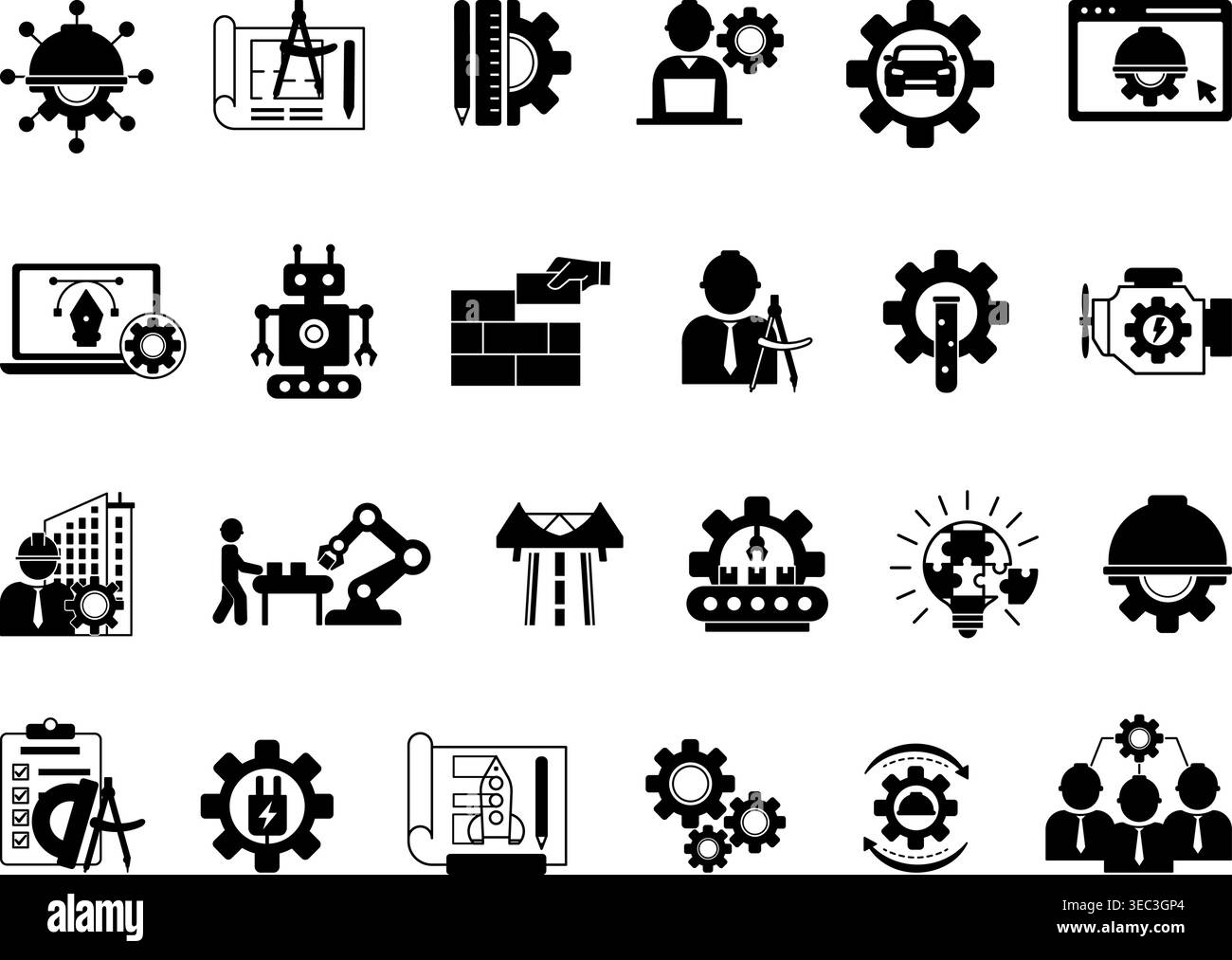 Black Engineering Icon Set. Vector Illustrations Engineer, Construction, Drawing, Manufacturing, Mechanical Engineering, Design, Robotics, IT Engineer Stock Vector