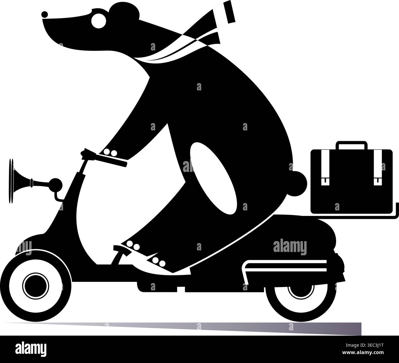 Cute bear rides on the scooter. Cartoon bear rides on the motorbike. Black and white illustration Stock Vector