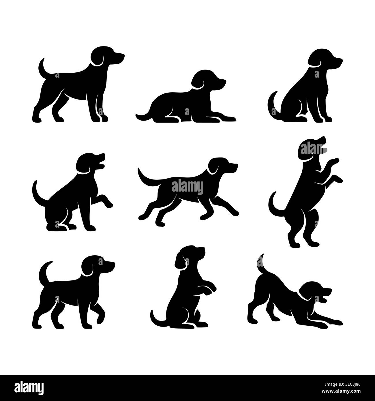 Dog silhouette icon set, behavior poses collection in solid vector style. Stock Vector