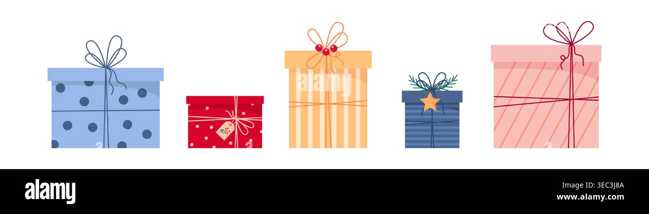 Christmas gift boxes set, festive presents collection in flat vector style. Stock Vector