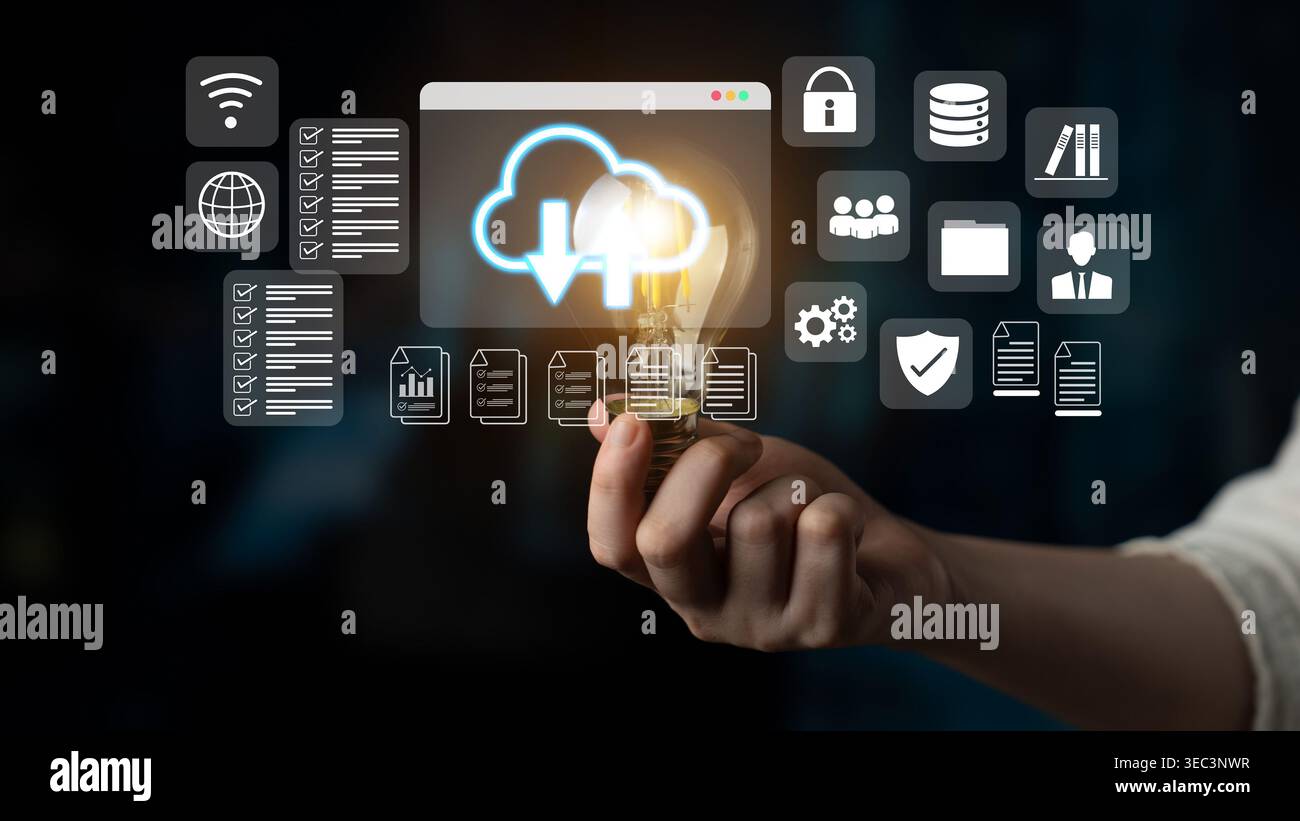Cloud upload and download icon with surrounding data management, security, and analytics icons in digital interface Parse Stock Photo