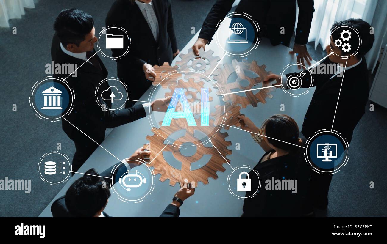 Business Team Collaborating on Artificial Intelligence Strategy with Gear Graphics Representing Innovation and Technology in Modern Workplace Gluon. Stock Photo