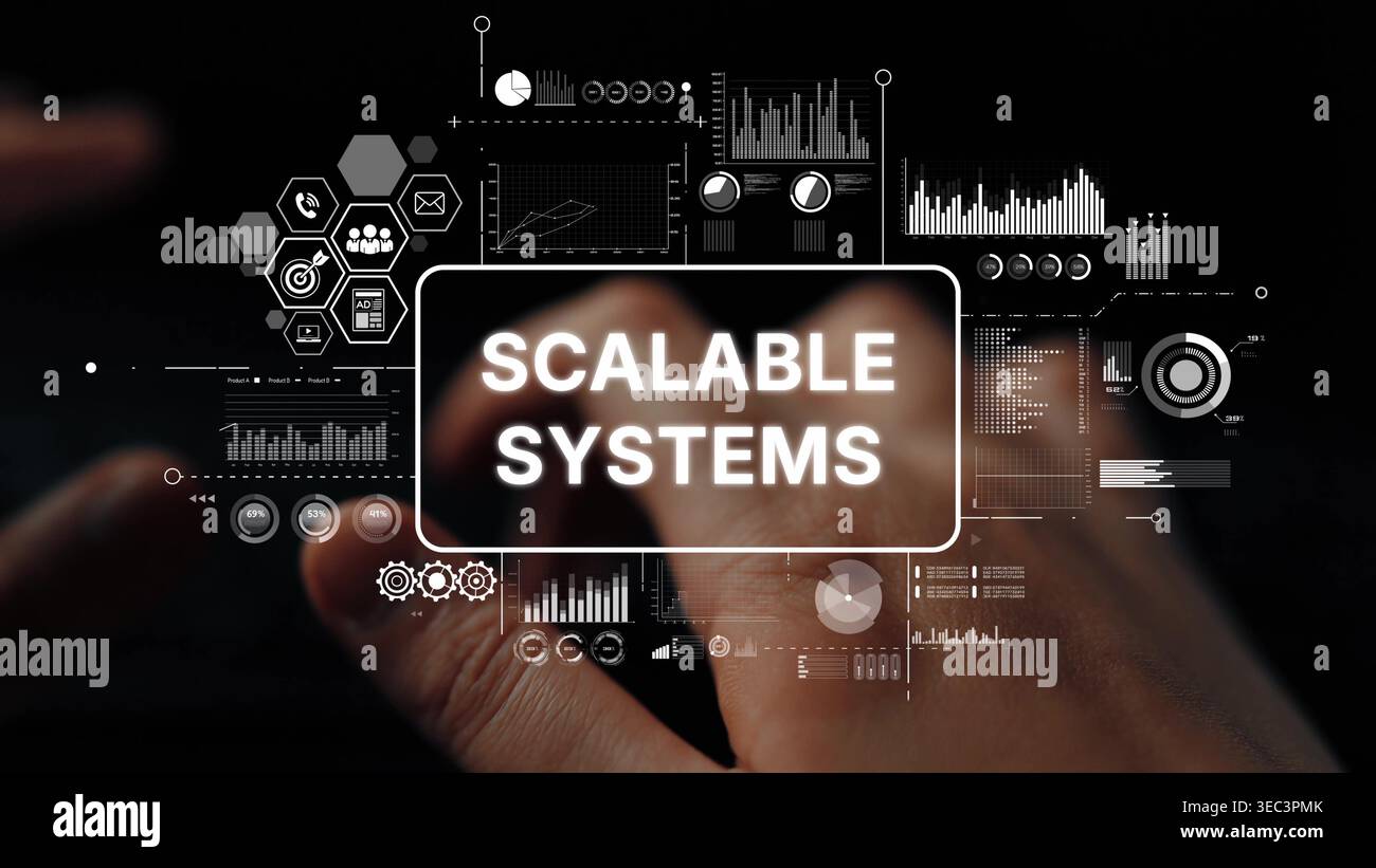 Modern Technology Concept Showing Hand Using Interface with Scalable Systems Text Overlaid and Data Visualization Graphics. Asymptotic smart data Stock Photo