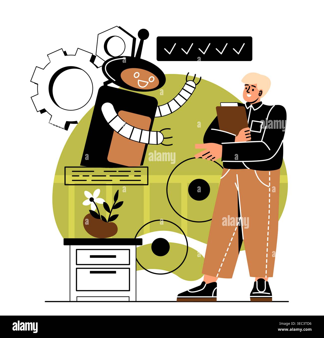 Robot and worker interaction. Vector illustration Stock Vector