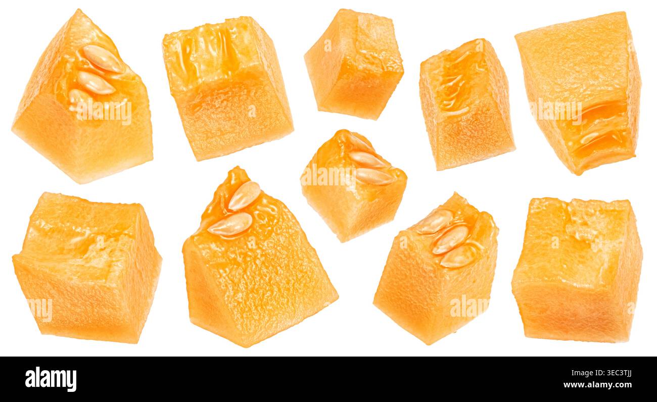 Sweet melon pulp cubes isolated on white background with clipping path Stock Photo