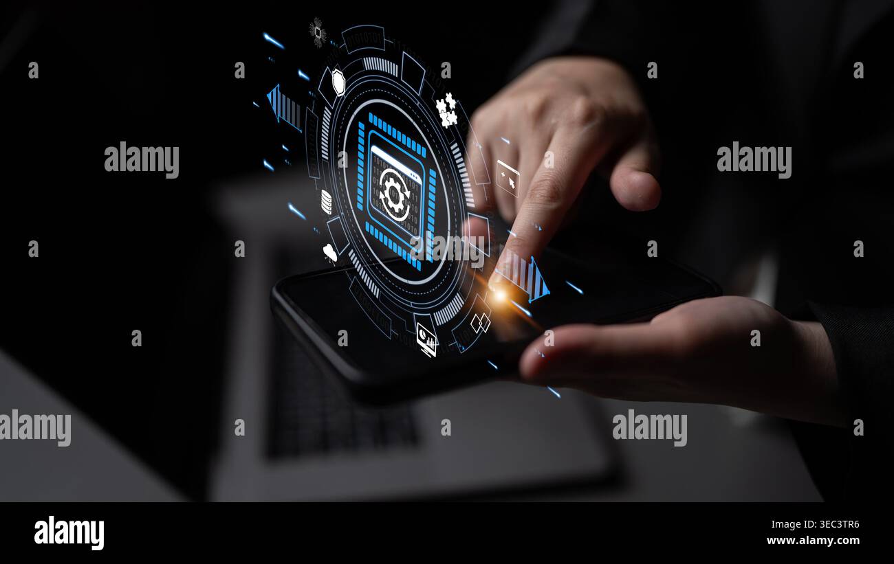 Modern Technology Concept with User Interacting with Smart Device Showing Digital Interface and Data Processing Graphics in a Dark Environment Quark. Stock Photo