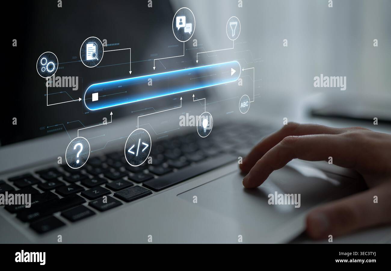 Generative search system powered by AI with data, process, intelligence, and automation in a seamless concept flow. Corpus Stock Photo