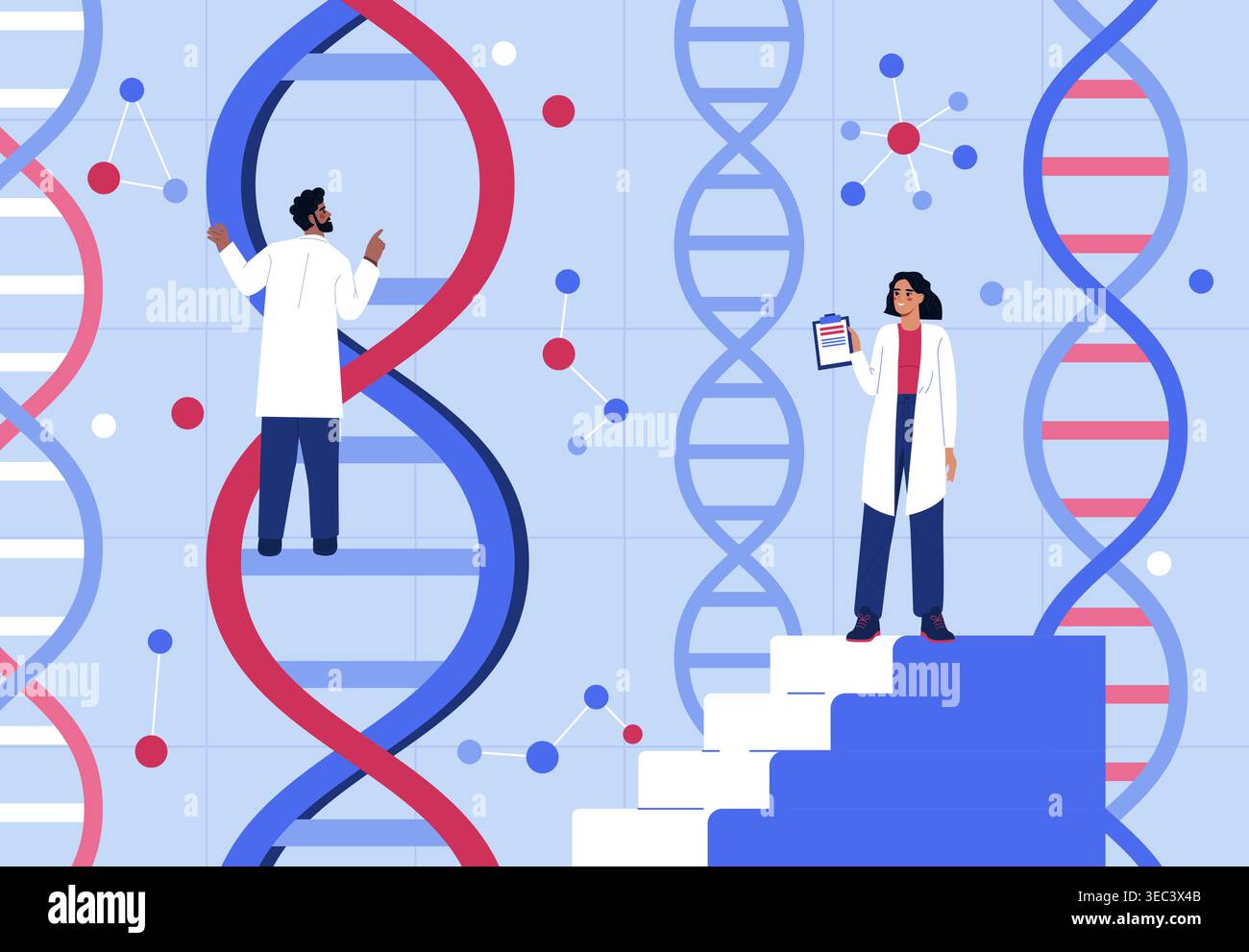Scientists with DNA strands. Vector illustration Stock Vector