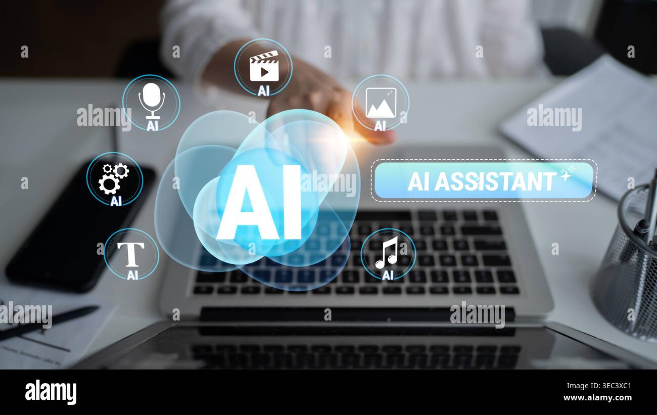 Futuristic Workspace Featuring AI Technology with Visual Elements Representing Multimedia Tools and Digital Communication Quark. Stock Photo