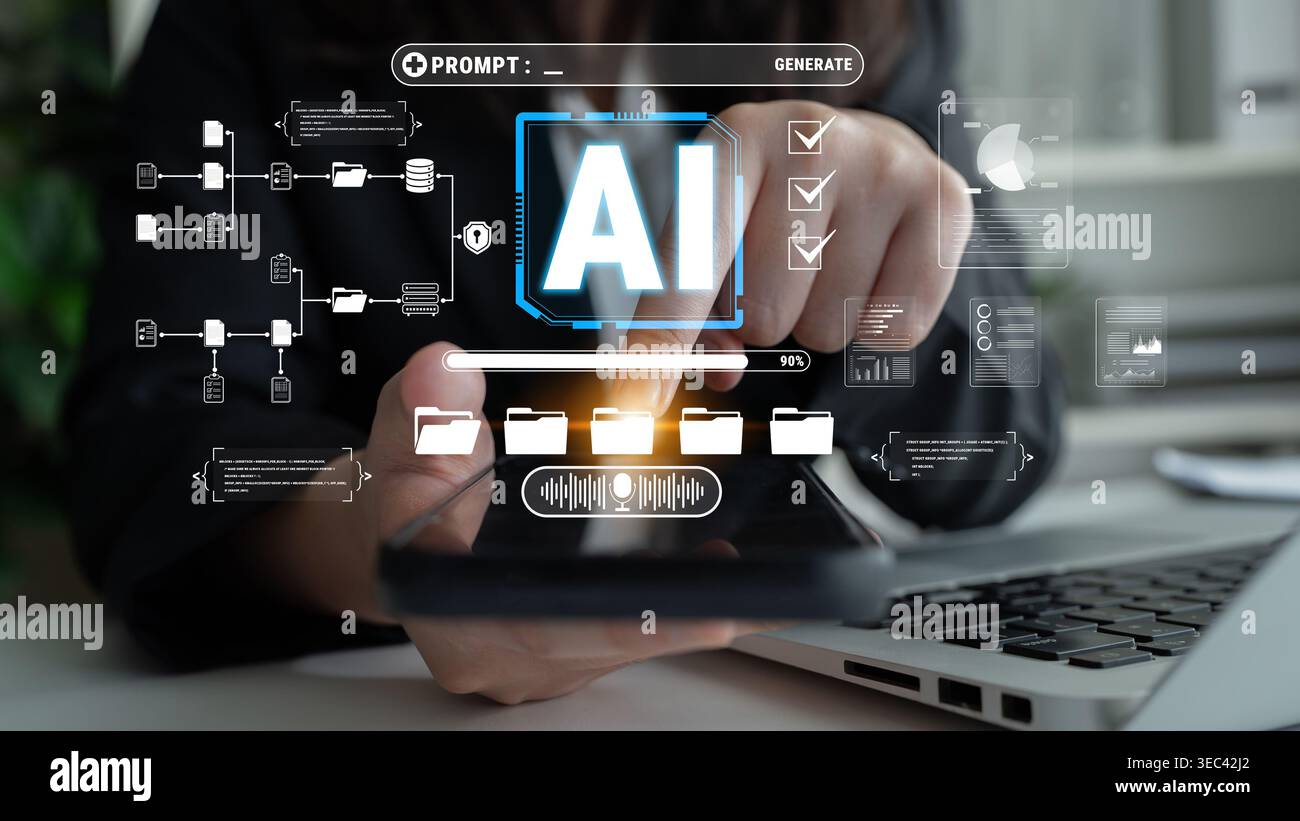 Digital Interface Showcasing Artificial Intelligence with User Interaction and Data Visualization on Modern Workspace Quark. Stock Photo