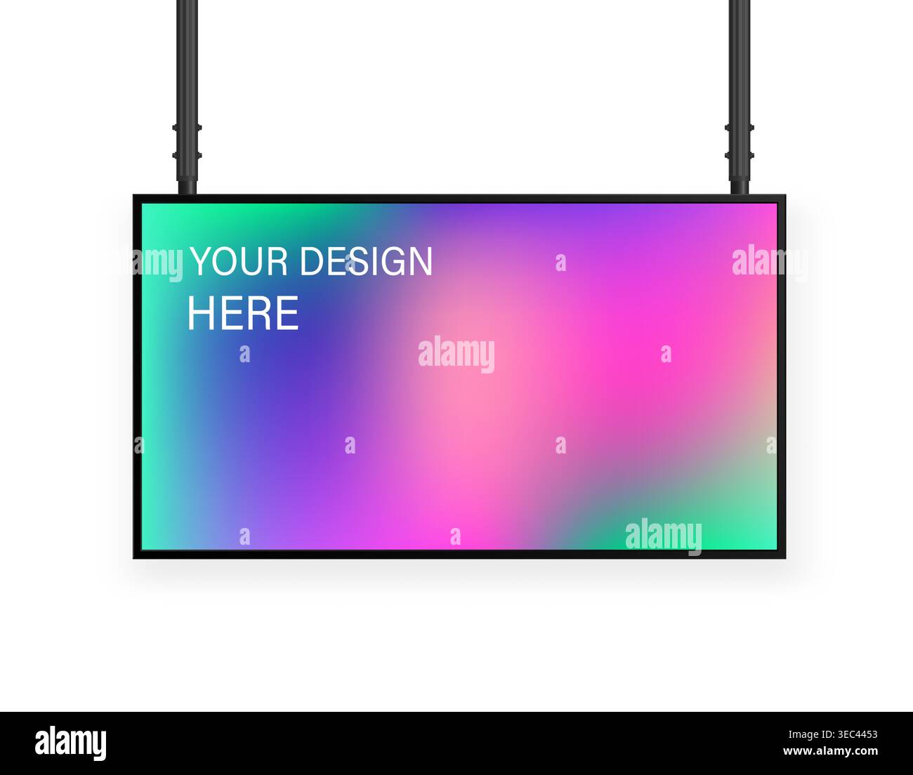 Hanging digital advertising screen mockup displaying a colorful gradient background Stock Vector