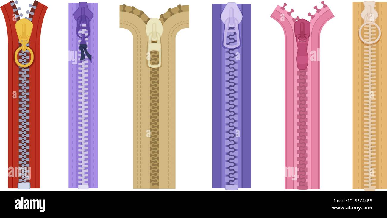 Zipper. Clothes fashioned tools exact vector cartoon colored zipper Stock Vector