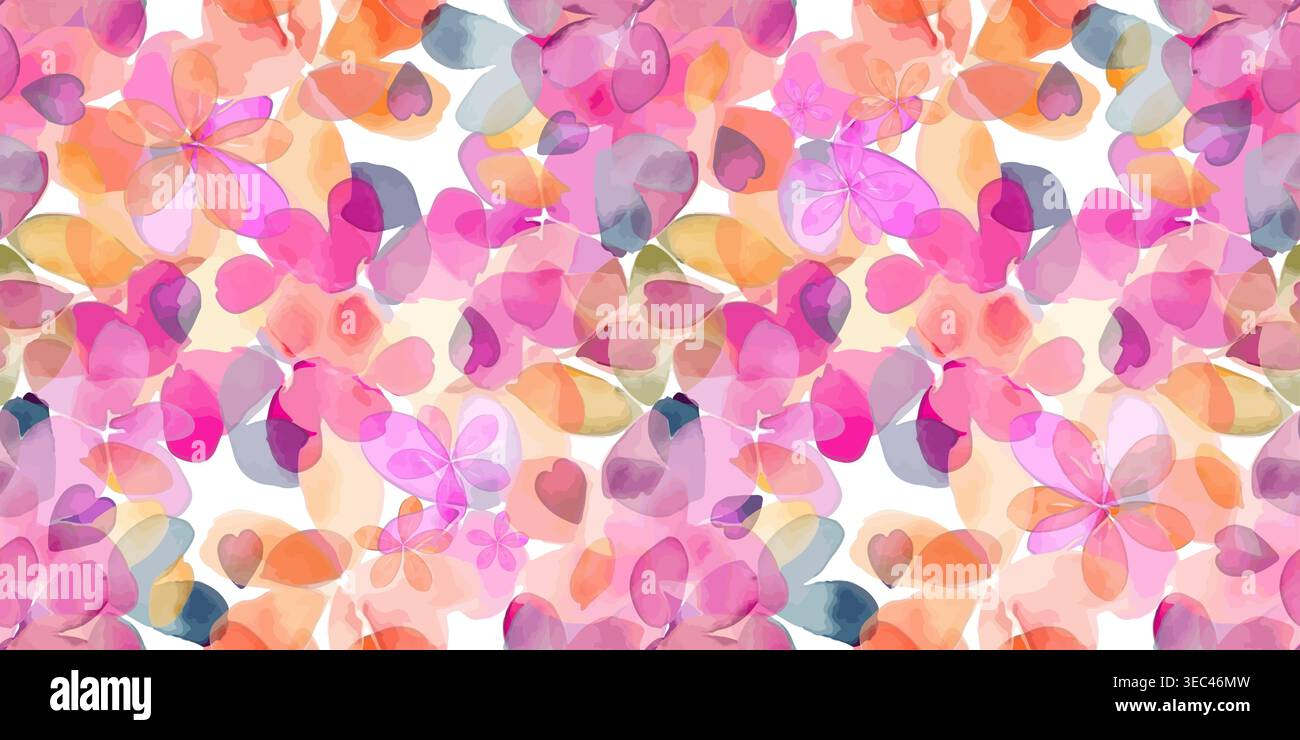 Seamless background with simple flowers and paint strokes. Hand drawn. Not AI, vector illustration. Stock Vector