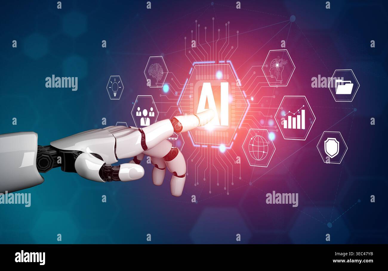 Futuristic robotic hand interacting with artificial intelligence interface featuring digital icons and data visualization elements on a vibrant Stock Photo