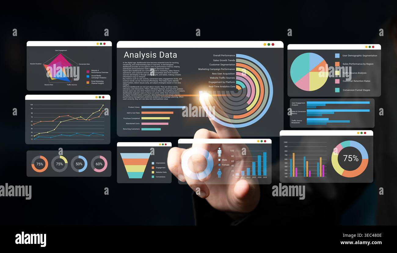 A person interacts with a high-tech touchscreen interface displaying various colorful graphs and diagrams for data analysis, perfect for business Stock Photo