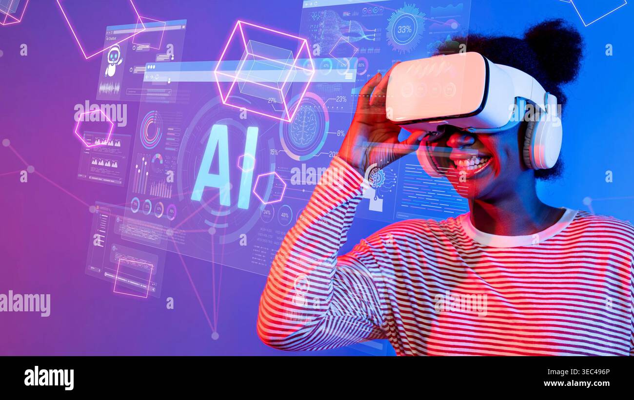 Happy young woman wearing virtual reality headset interacting with digital interface displaying artificial intelligence data and technology graphics Stock Photo