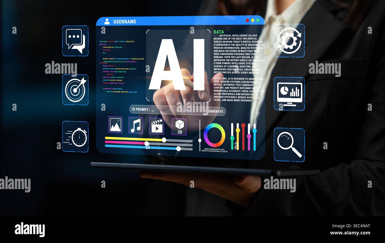 Futuristic Digital Interface Displaying Artificial Intelligence Concepts with Data Charts and Communication Icons in a Professional Setting Quark. Stock Photo