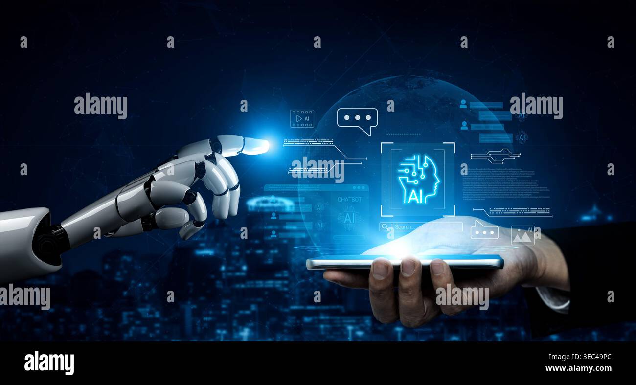 AI chatbot system analyzing user interactions and automating real-time responses, combining data-driven insights with intelligent communication Stock Photo