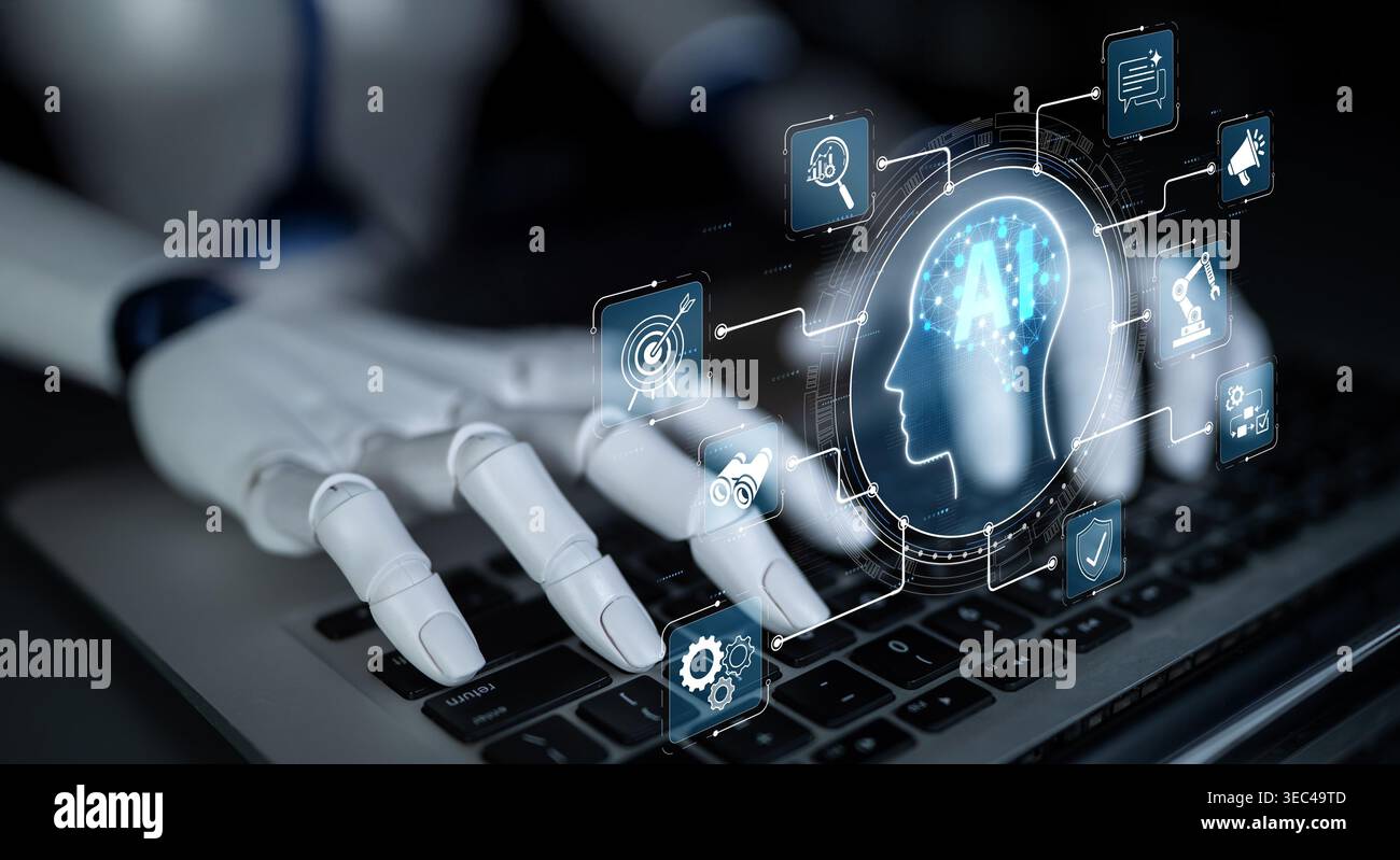 Futuristic Robot Hand Interacting with Advanced Artificial Intelligence Interface on Laptop Screen in Dark Environment Sigmoid Stock Photo