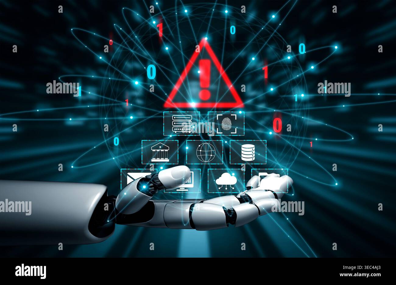 Futuristic Robot Hand Reaching Towards Digital Warning Triangle with Data Icons, Blockchain Elements, and Binary Code in Abstract Technology Stock Photo