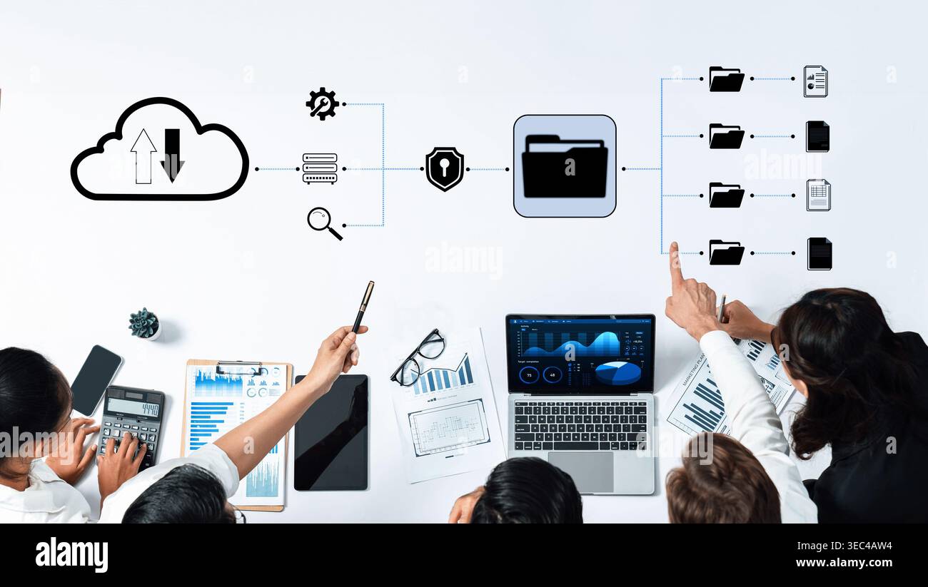 Modern Technology Concepts with Cloud Computing, Data Security, and Data Management in a Professional Work Environment Quark. Stock Photo