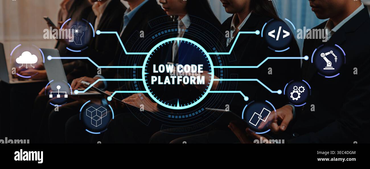 Low Code Platform Visual Representation with Diverse Professionals Engaged in Digital Transformation Quark. Stock Photo