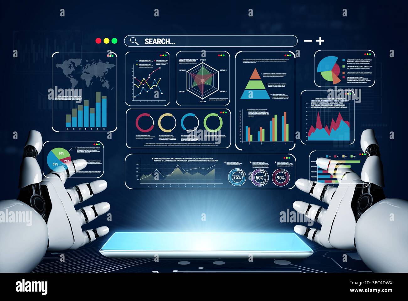Futuristic Robot Hands Interacting with Data Analysis Dashboard and Visualizations in a High-Tech Environment with Graphs and Statistics Quark. Stock Photo