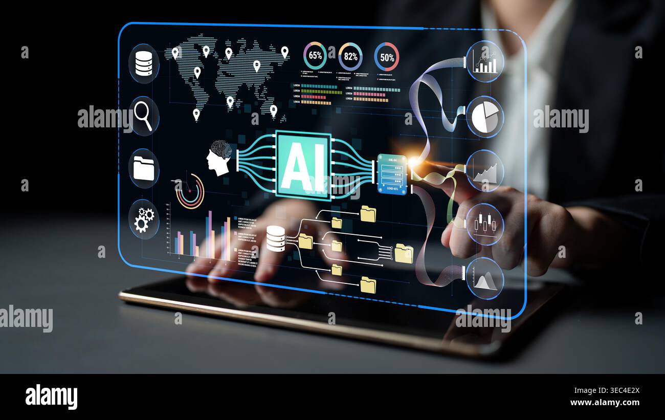 Futuristic Digital Interface Showcasing Artificial Intelligence Data Analysis with Charts, Statistics, and Interactive Elements for Modern Business Stock Photo