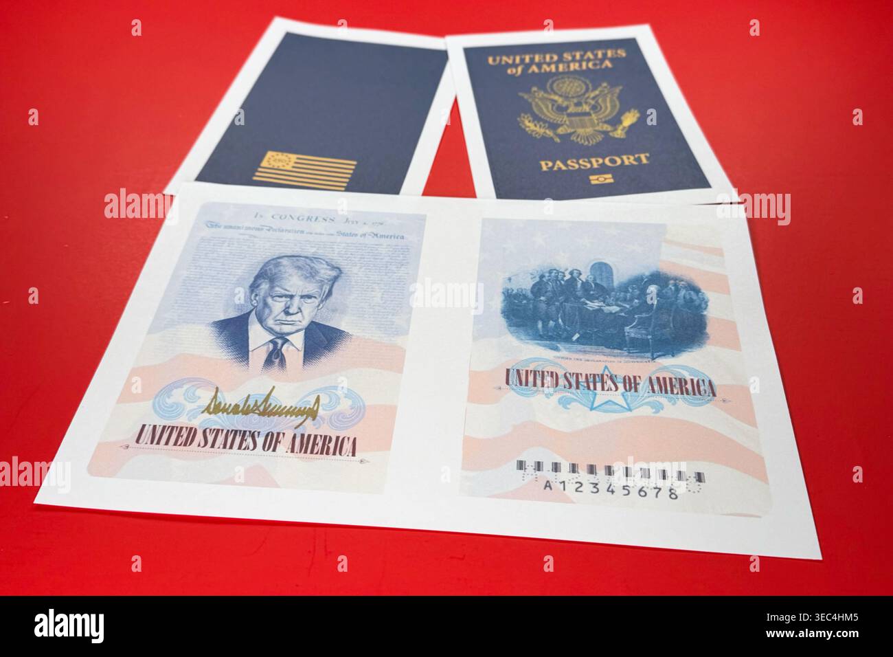 A sample of a limited release of a commemorative U.S. passport that celebrates America's 250th birthday and features a picture of President Donald Trump, is photographed Tuesday, April 28, 2026. (AP Photo/Jon Elswick) Stock Photo