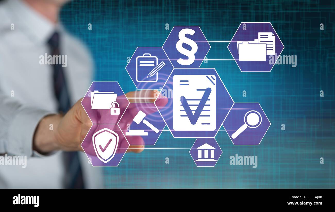 Man touching a validation concept on a touch screen with his finger Stock Photo