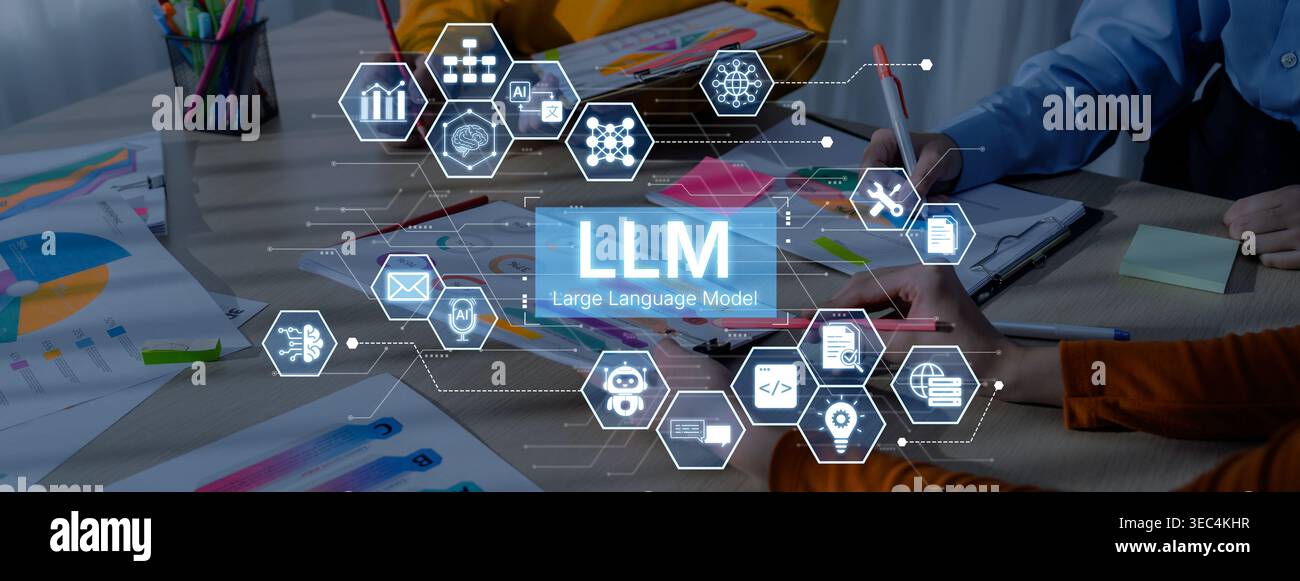 Large Language Model LLM processing data. Represents deep text learning, natural language processing NLP AI tech, transformer architecture, and Stock Photo