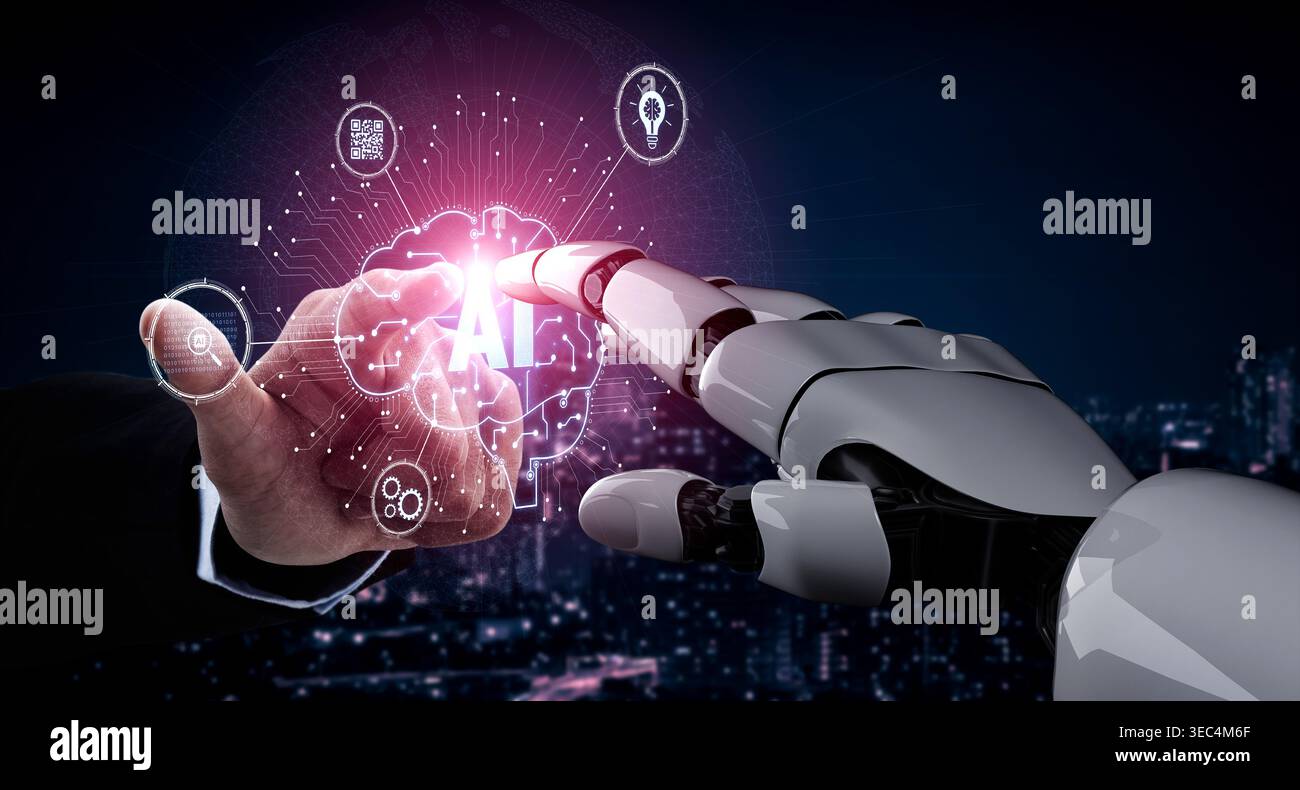Artificial intelligence models neural signals for deep learning and cognitive computing. Train artificial intelligence to improve recognition Stock Photo