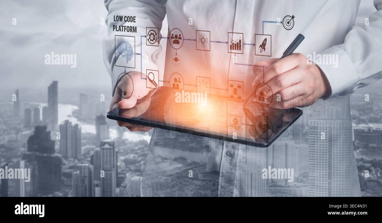 Business Professional Engaging with Digital Low Code Platform in Urban Setting with Abstract Data Visualization and Technology Elements Quark. Stock Photo