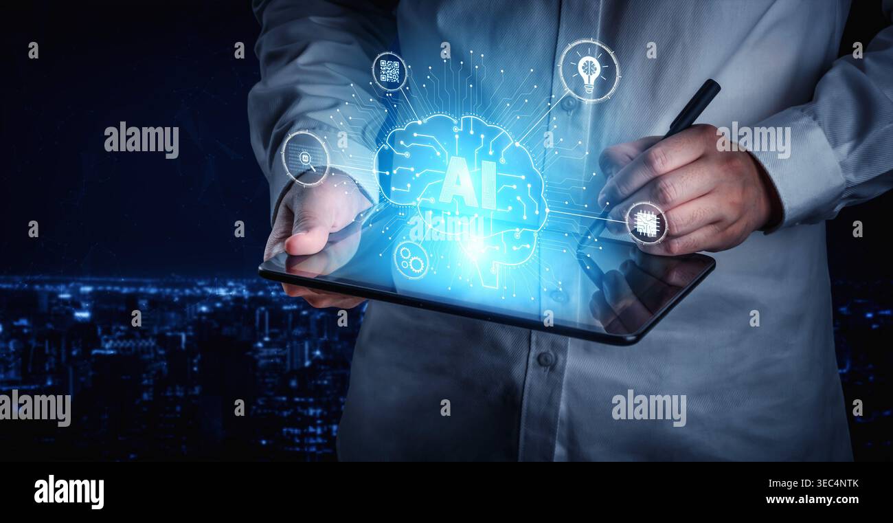 Artificial intelligence models neural signals for deep learning and cognitive computing. Train artificial intelligence to improve recognition Stock Photo