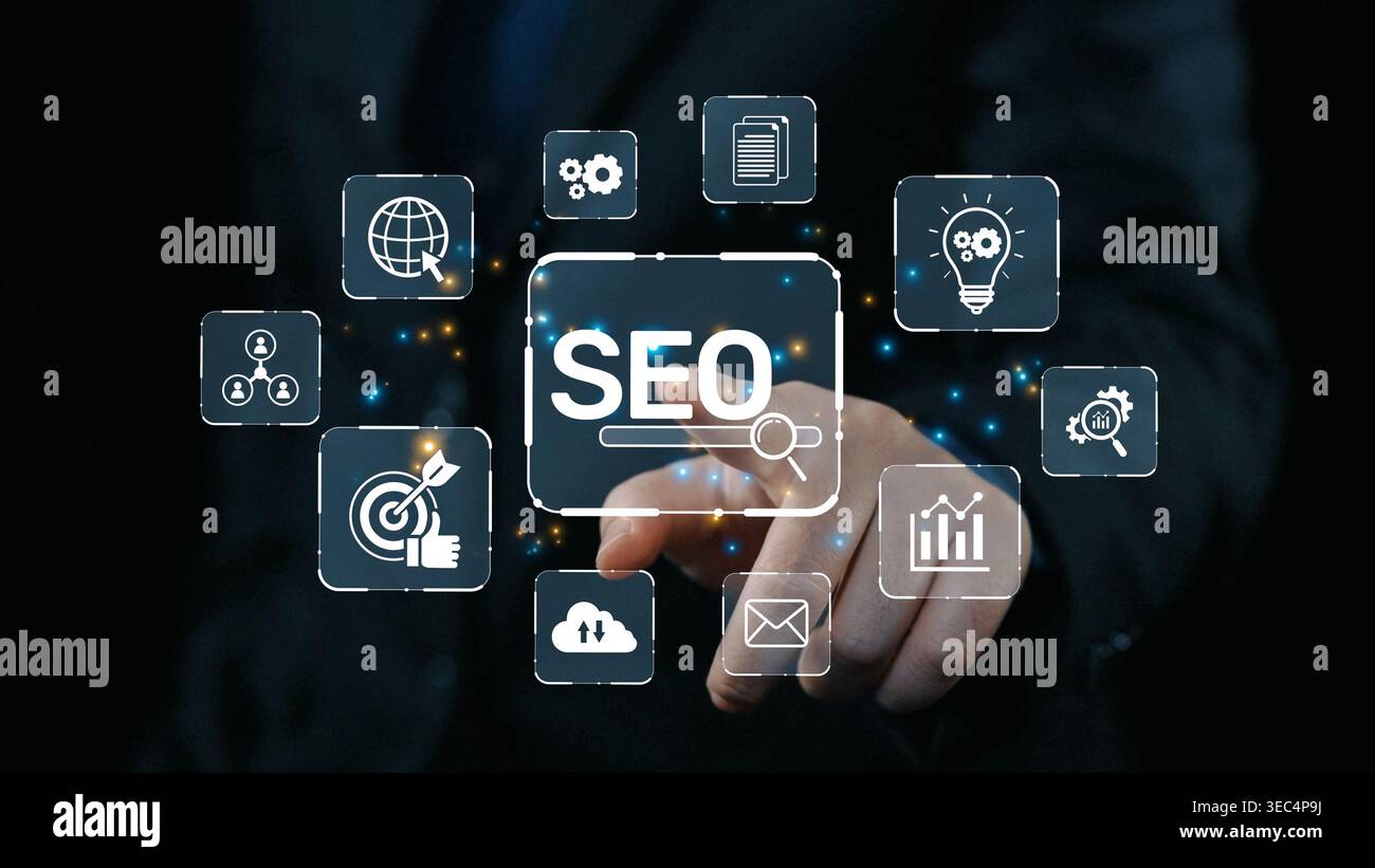 SEO concept for improving SEO visibility, with SEO related digital tools and SEO performance icons shown in an focused layout for strategic marketing Stock Photo