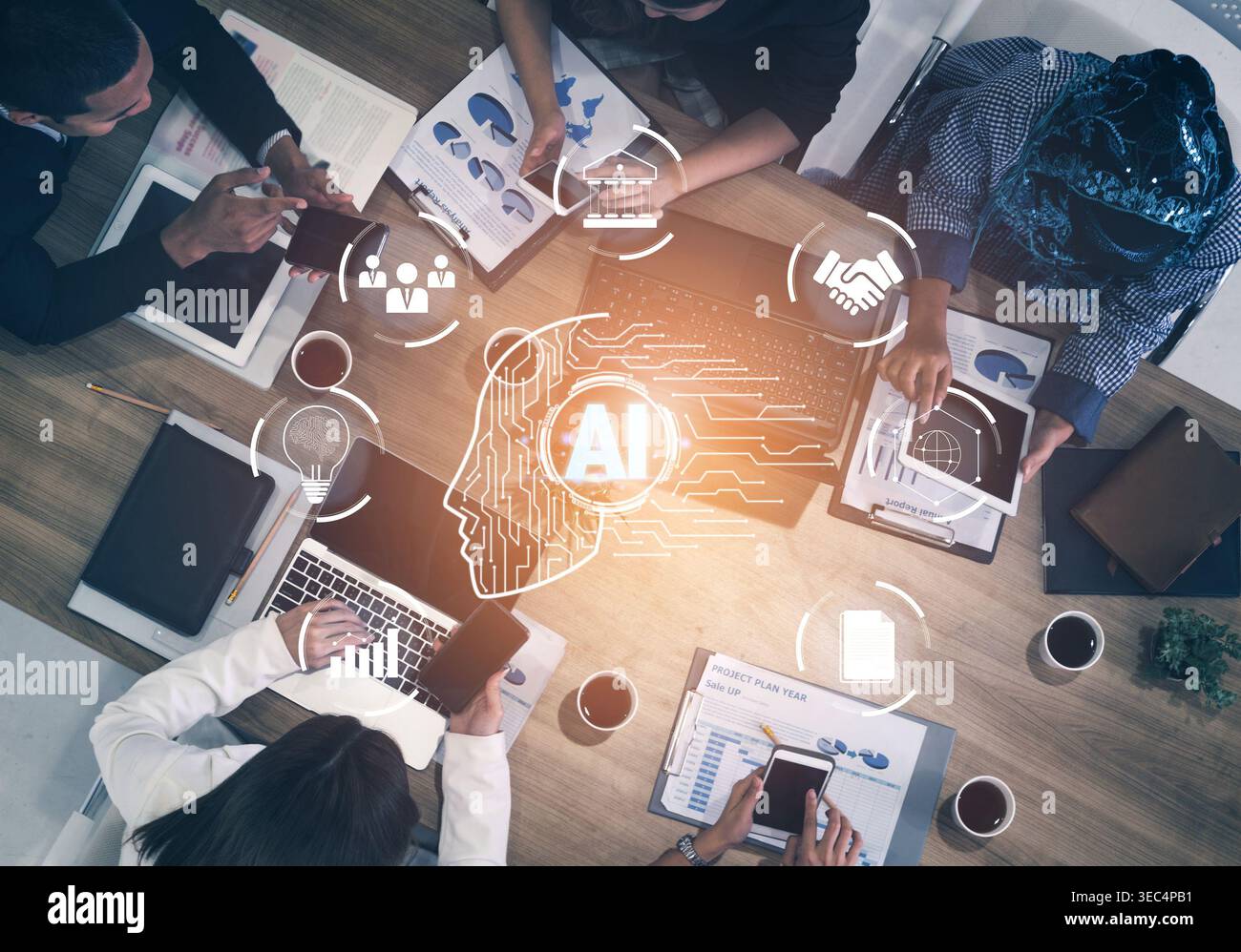 Diverse Team Collaborating on Artificial Intelligence Project with Data Analysis and Technology Integration Overhead View Quark. Stock Photo