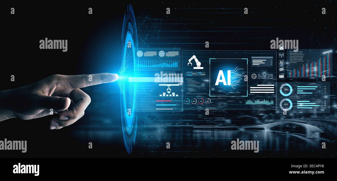Artificial intelligence improves industrial automation, optimizing data analytics, precision robotics, and smart factory operations to enhance Stock Photo